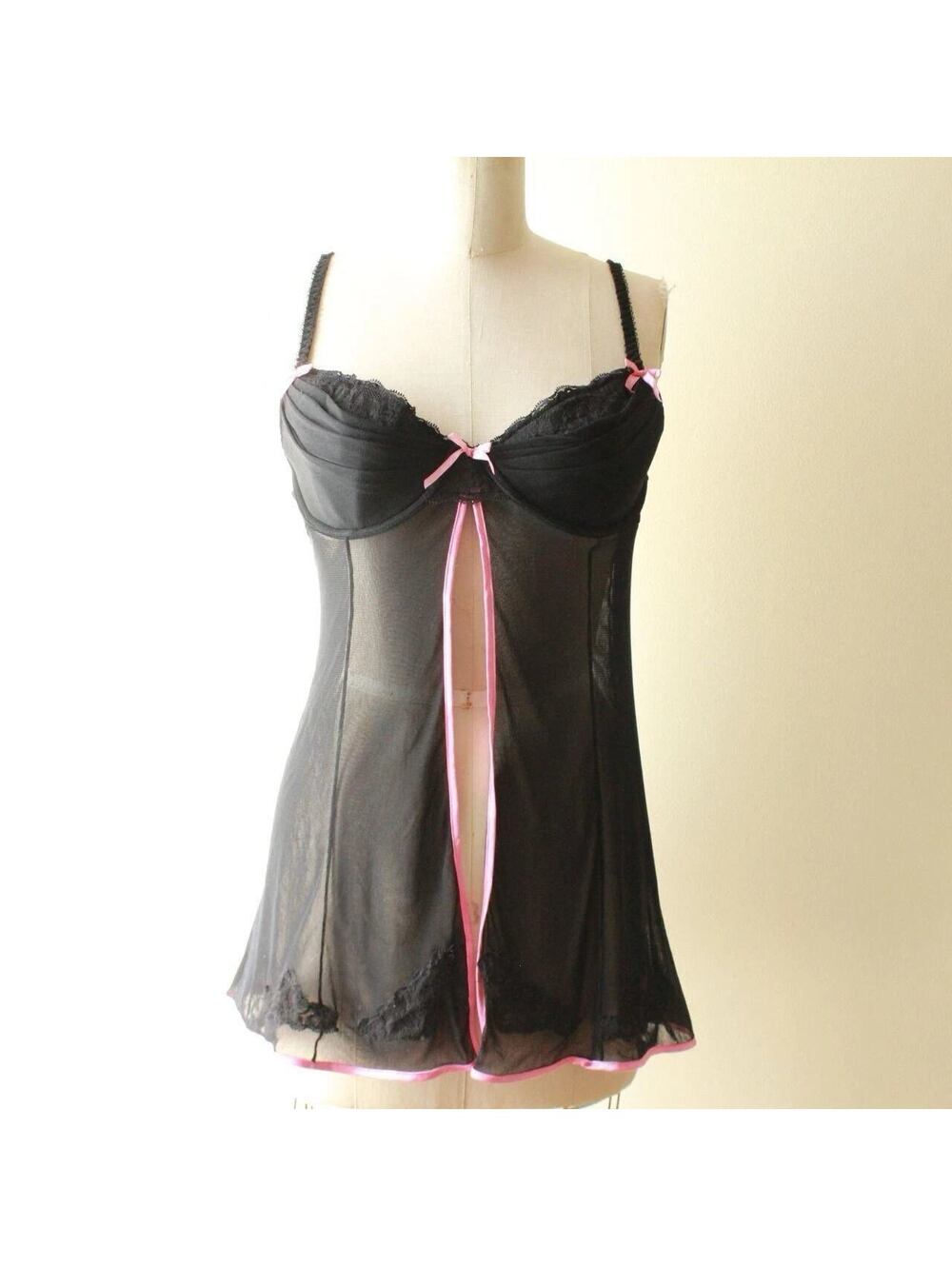 Native Intimates Black Sheer Babydoll Lingerie with Pink Ribbon and Lace Trim L